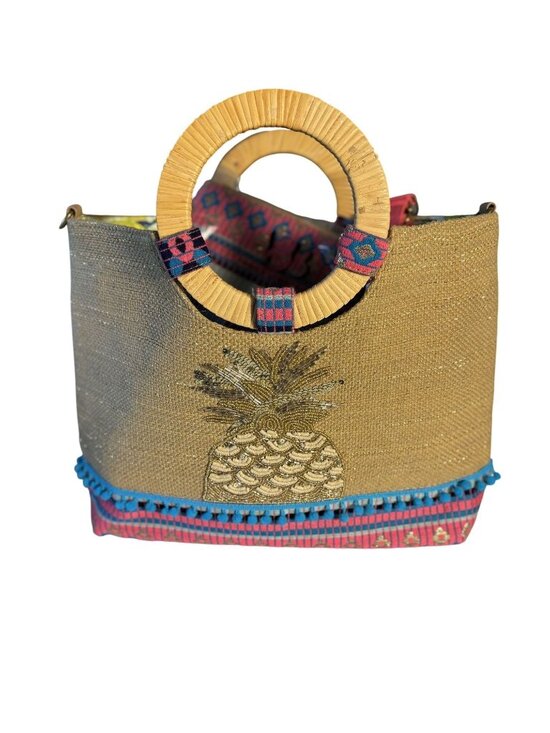 America & Beyond Handbags - Woven Tote With Beaded Pineapple Wooden Circular Handles Colorful Fabric Lining